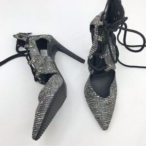 Paper Fox Shoedazzle Black Cream Metallic Tweed Pointed Toe Lace Up Heels